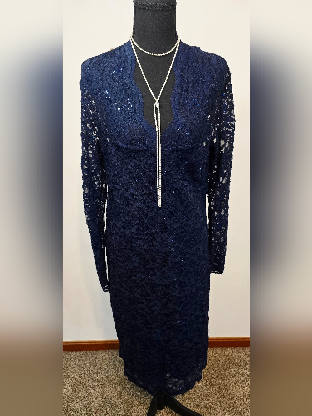 Marina Navy Blue Lace Sequin Dress Size 12 Long Sleeve Cocktail Evening